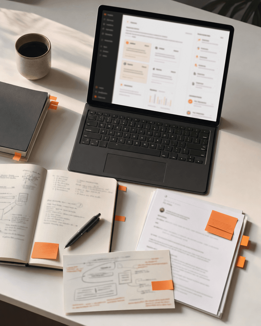 Founder content workflow desk with notes and dashboard